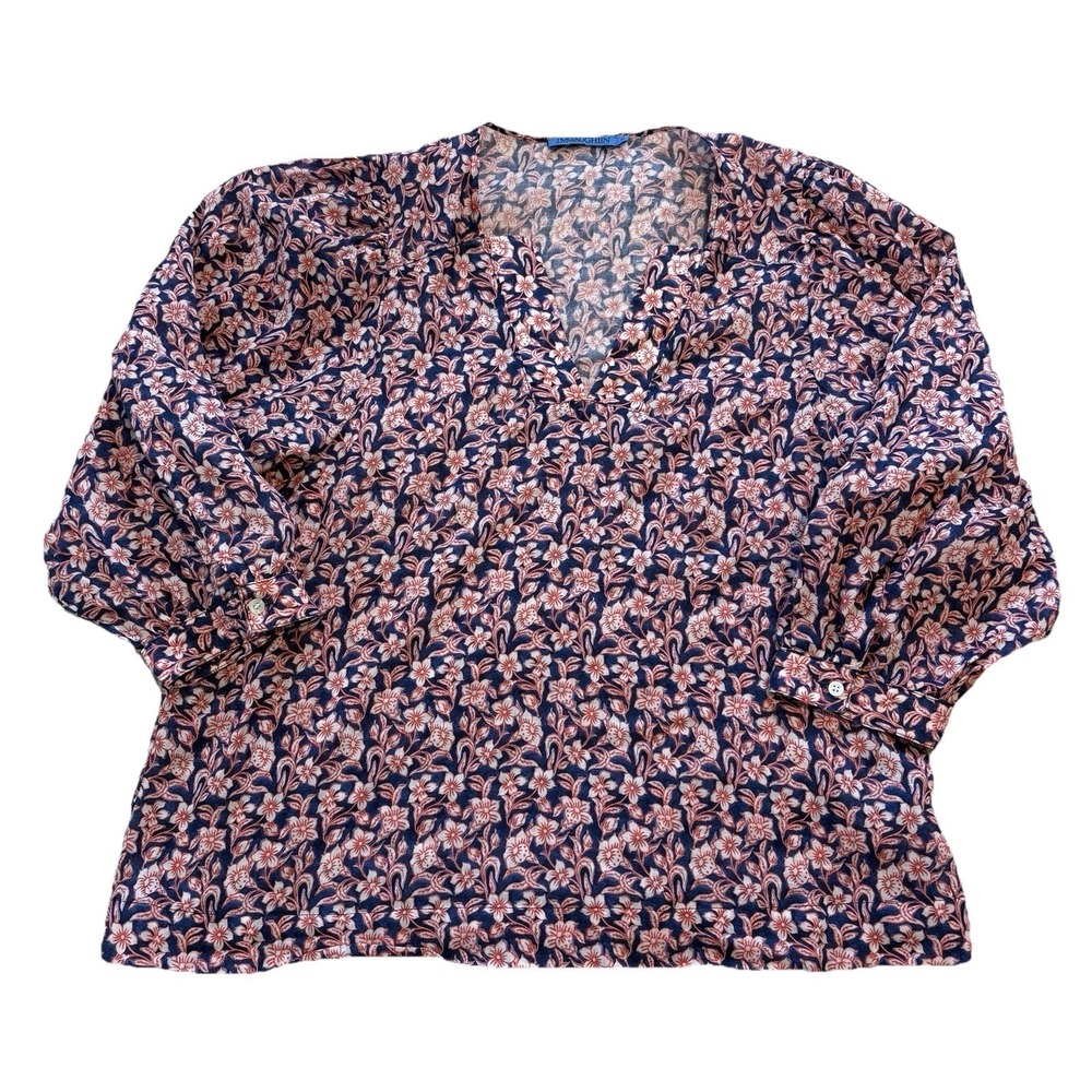 J.McLAUGHLIN Blouse Women Size Medium Floral Print Georgette V-Neck Ramie Blend